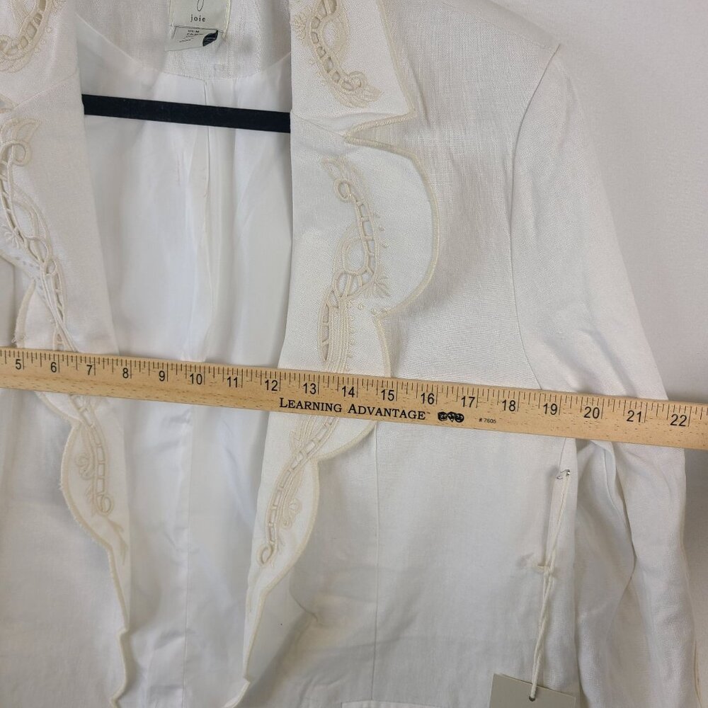 New Joie White Linen Blend Scalloped Blazer Floral Embroidery Open Front SZ M - Picture 8 of 10